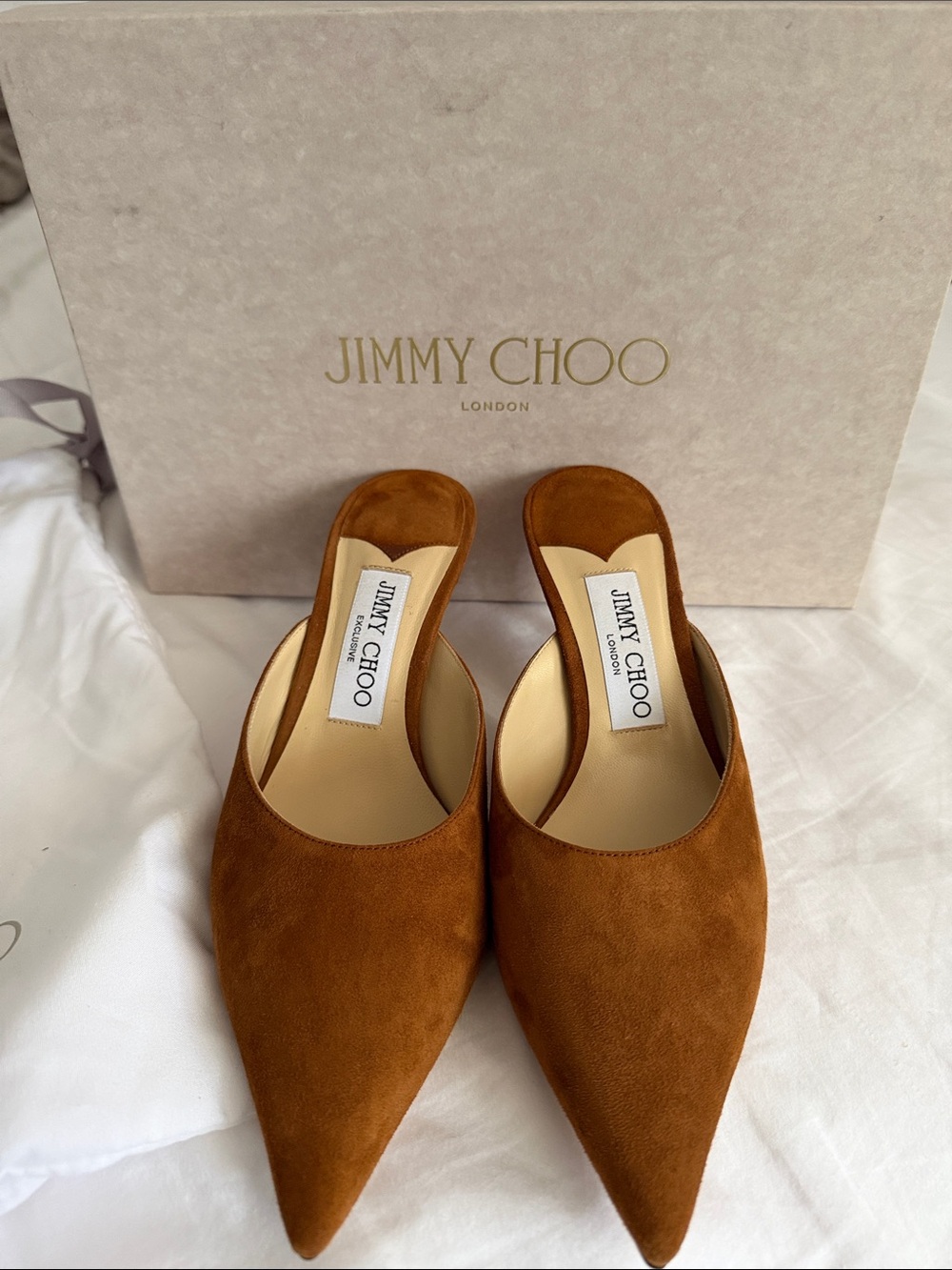Jimmy Choo Tan Suede Pointed Mule Slides